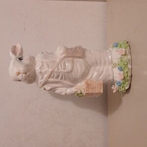 Tabletop Bunny Figural , Dapper Dressed, satchel & basket w raised flora…
